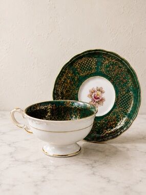 🆓 $0 WITH PURCHASE - Japanese Emerald Green Floral Teacup & Saucer Porcelain
